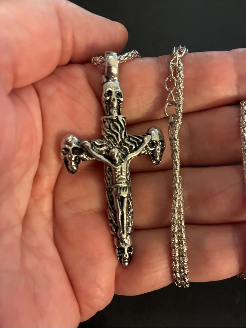 Silver Skull Cross Pendant Necklace - Men
